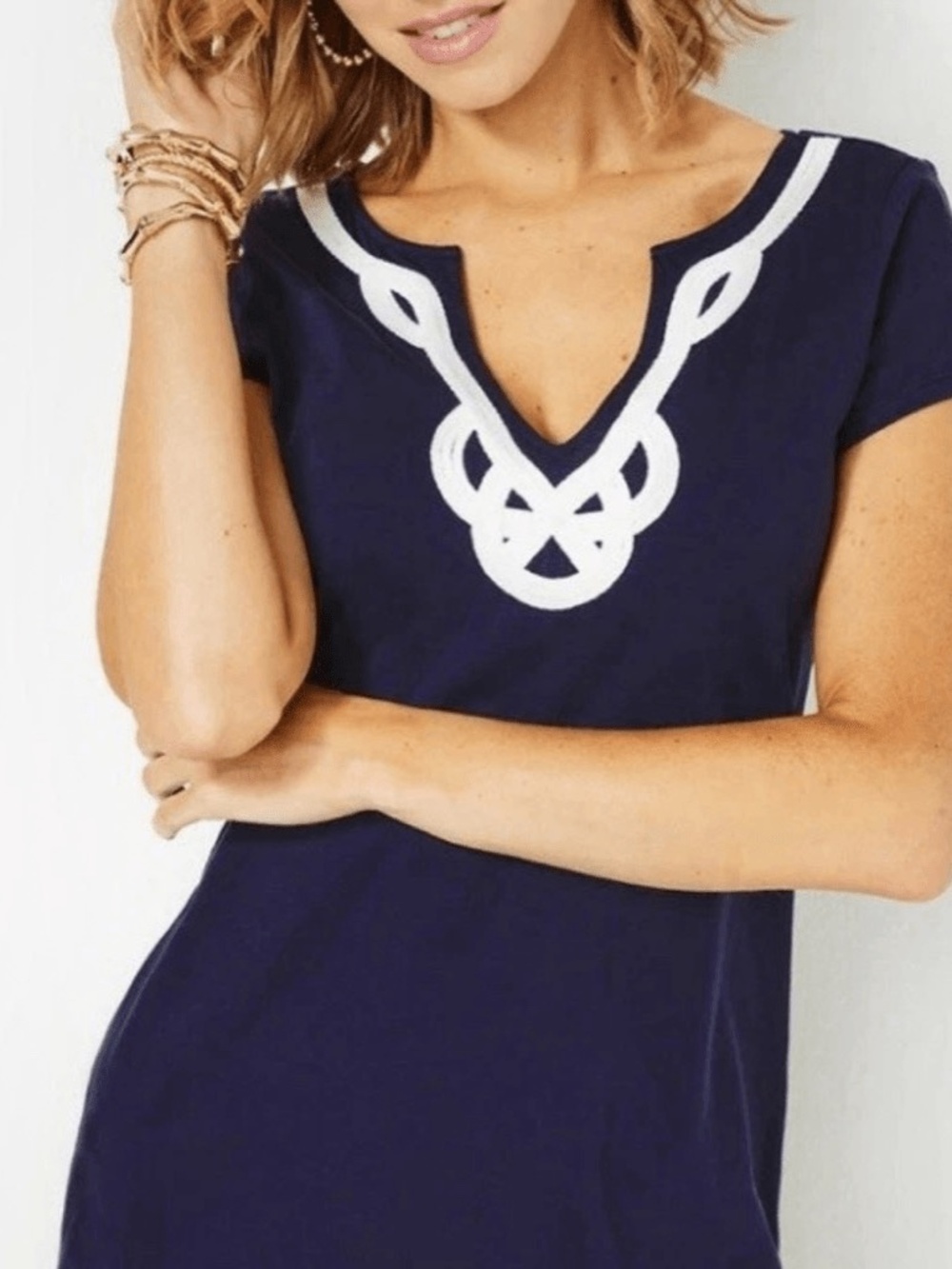 Lilly Pulitzer Size Med Navy Blue Dress, V-Neck & White Applique', Short Sleeve